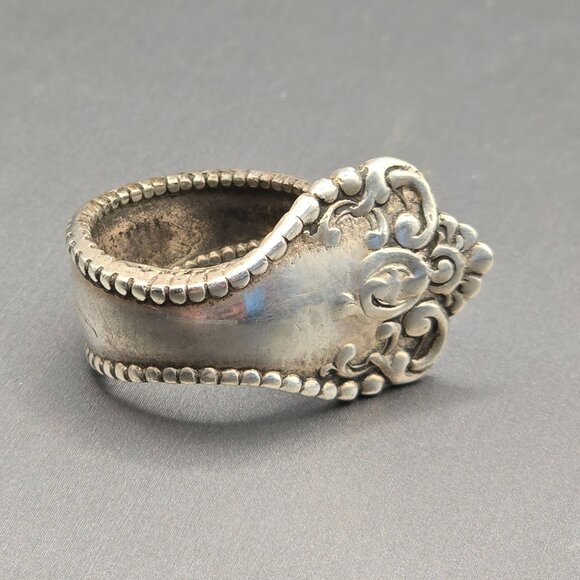 Estate Jewelry - Antique 1908 Sterling Silver Spoon Ring Size 6 Floral 13.02g Flatware Jewelry